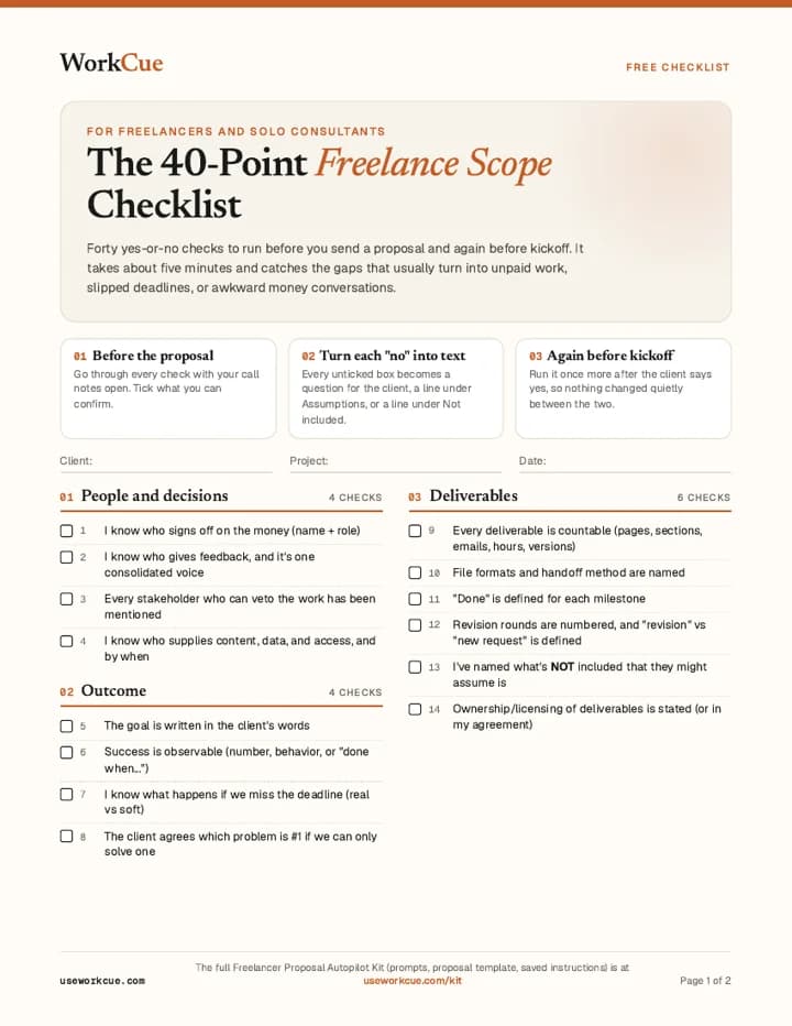 First page of The 40-Point Freelance Scope Checklist PDF