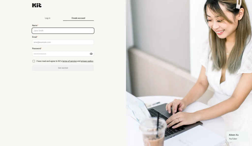 Kit Create account form with Name, Email and Password fields