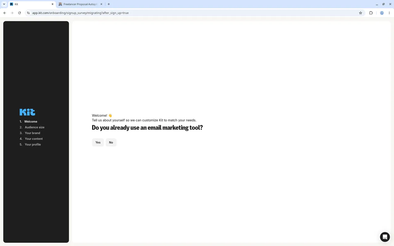 Kit onboarding step one asking Do you already use an email marketing tool with Yes and No buttons