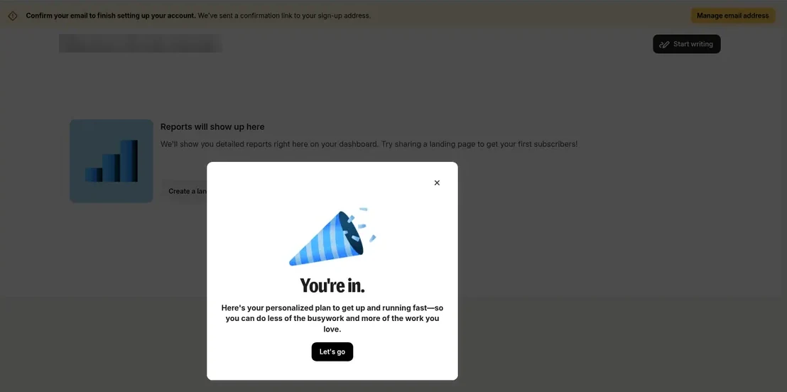 Kit dashboard with a You're in welcome modal and a yellow confirm your email banner