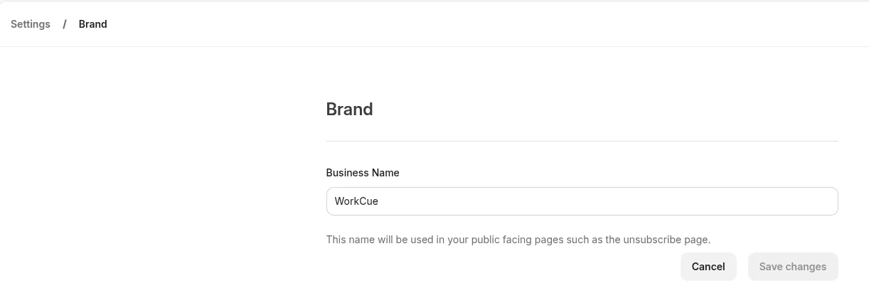 Kit Settings, Brand page with the Business Name field reading WorkCue