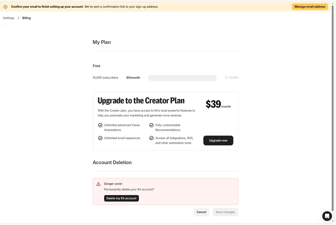 Kit Billing settings showing the Free plan at 10,000 subscribers for $0 per month and a Creator plan upsell at $39 per month