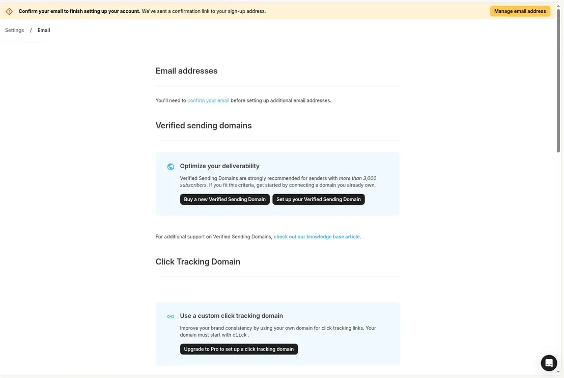 Kit email settings with a message saying you need to confirm your email before setting up additional email addresses, plus the Verified sending domains and Click Tracking Domain sections