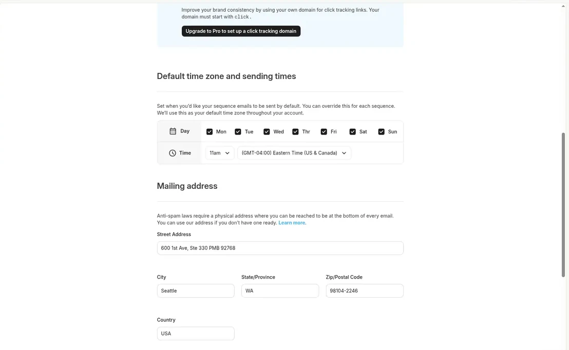 Kit mailing address settings prefilled with a Seattle address at 600 1st Ave