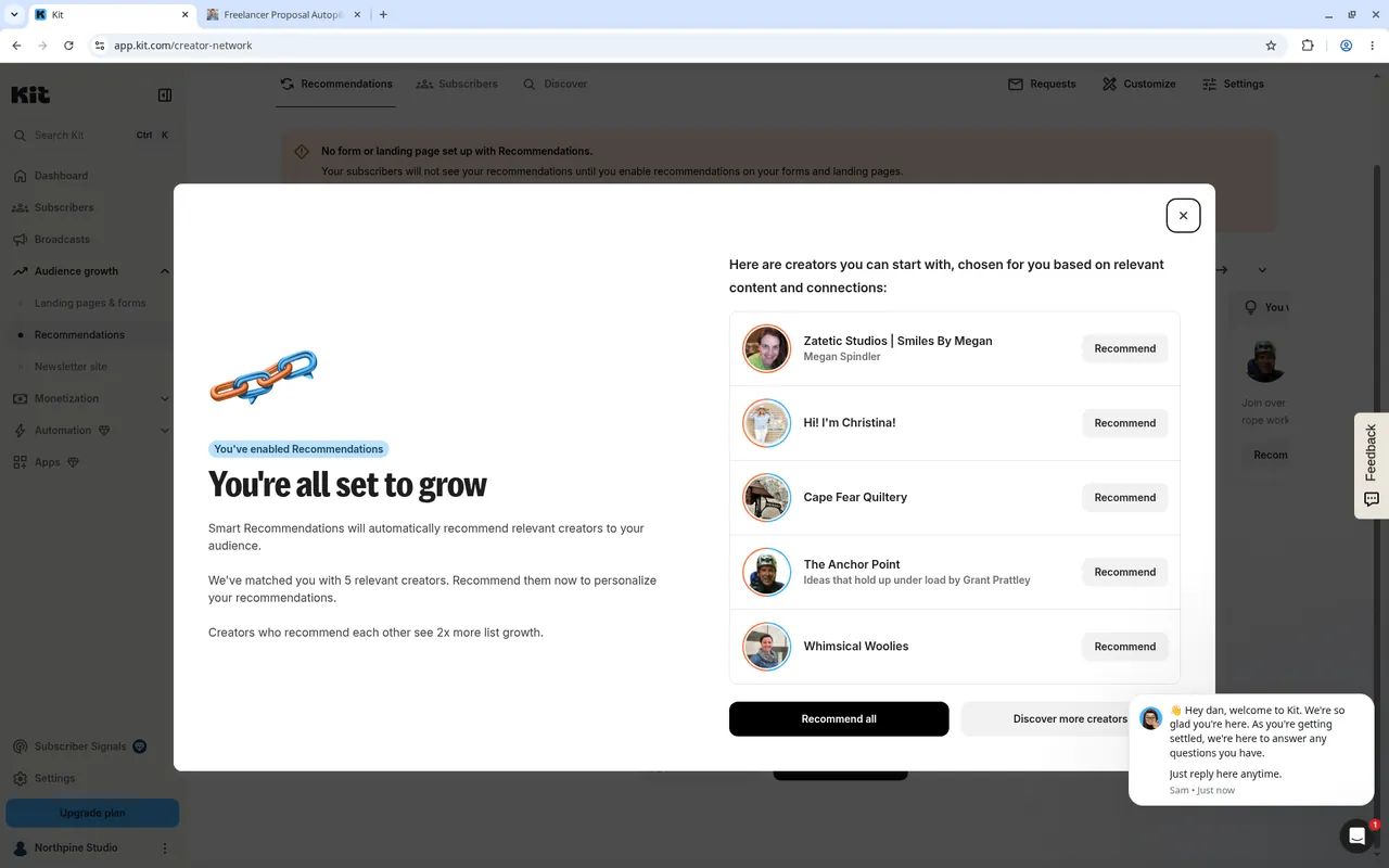 Kit modal titled You're all set to grow listing five recommended creators