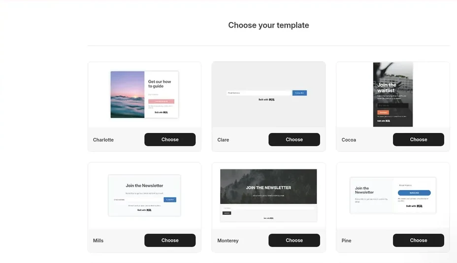 Kit Choose your template screen showing inline form templates including Charlotte, Clare, Cocoa, Mills, Monterey and Pine
