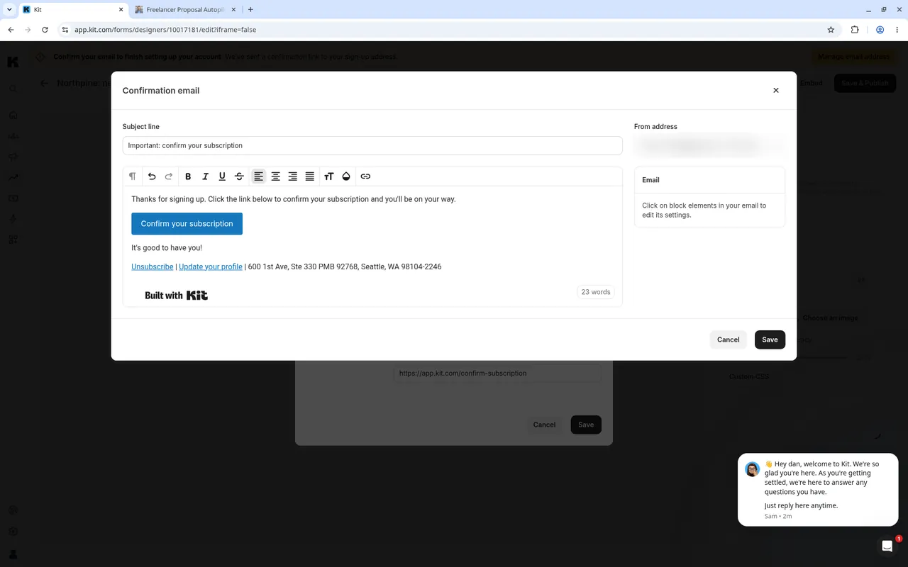 Kit default confirmation email with subject Important: confirm your subscription and a Confirm your subscription button
