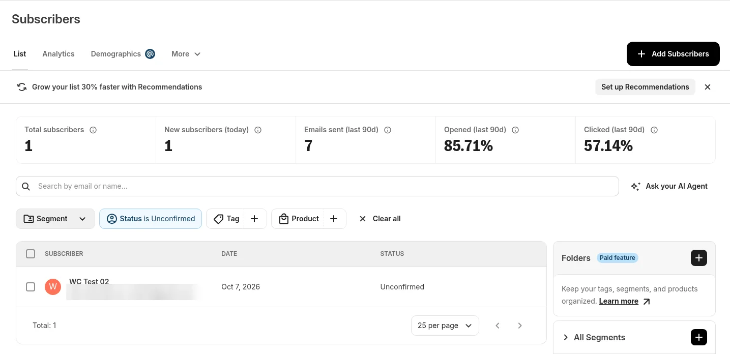 Kit Subscribers list filtered to Status is Unconfirmed with one row, WC Test 02, dated Oct 7, 2026, status Unconfirmed, and stat boxes above