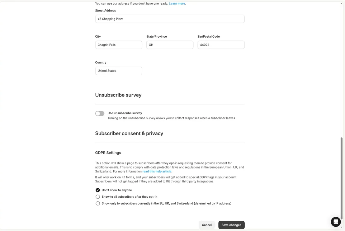 Kit Mailing address settings with 46 Shopping Plaza, Chagrin Falls, OH 44022, United States entered