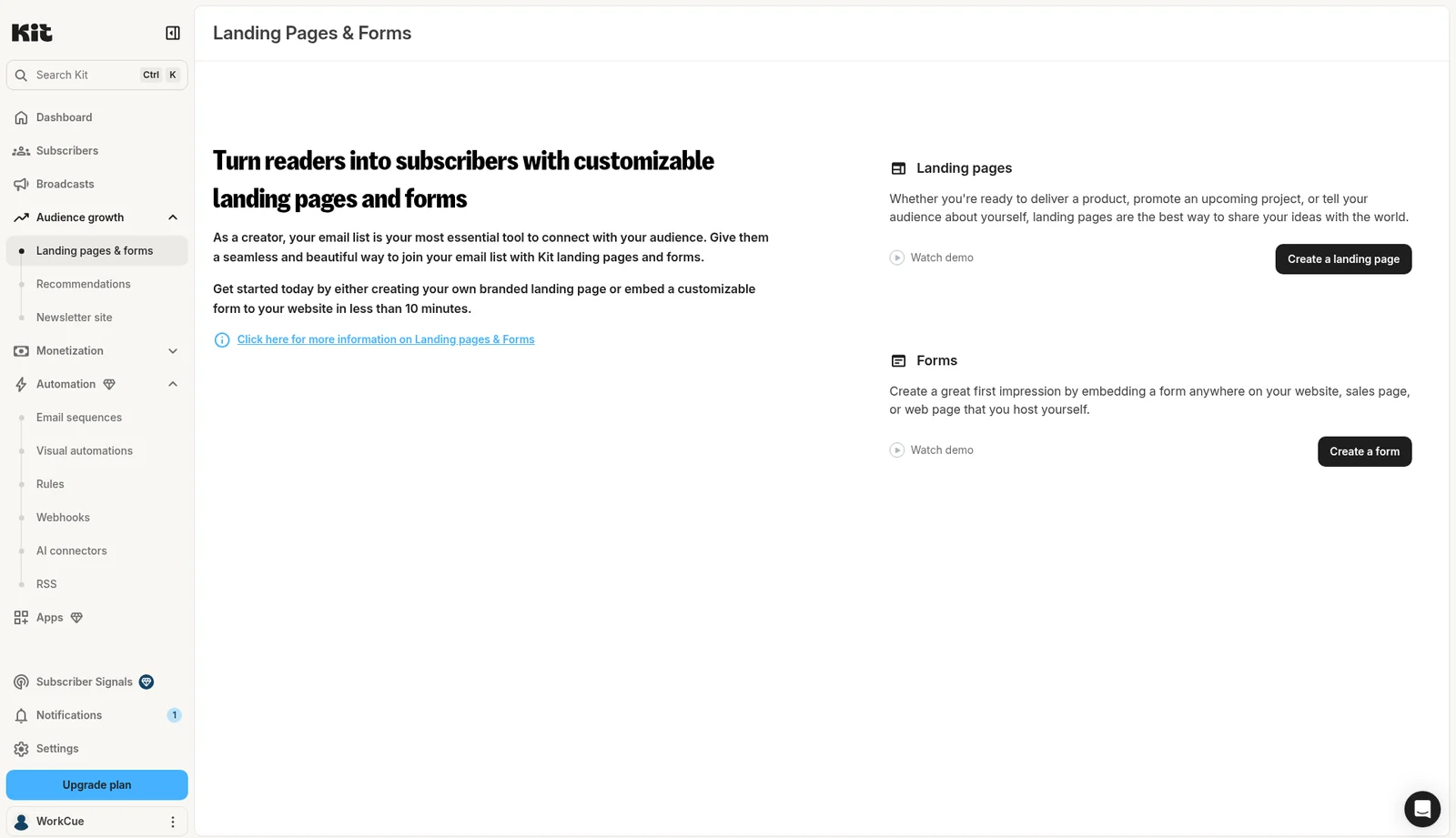 Kit Landing Pages and Forms screen with a Create a landing page button and a Create a form button
