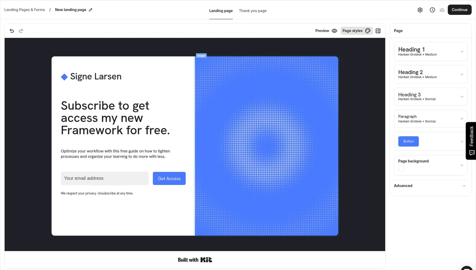 Kit landing page editor with the Beacon template: placeholder brand Signe Larsen, headline Subscribe to get access my new Framework for free, an email field, a Get Access button and a blue image panel