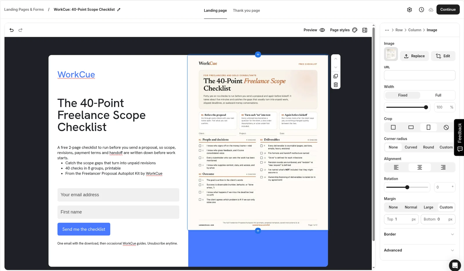 Kit editor with the finished WorkCue page: WorkCue brand line, headline The 40-Point Freelance Scope Checklist, subhead, three bullets, email and First name fields, a Send me the checklist button and small print, with the checklist cover image on the right and the image settings panel open