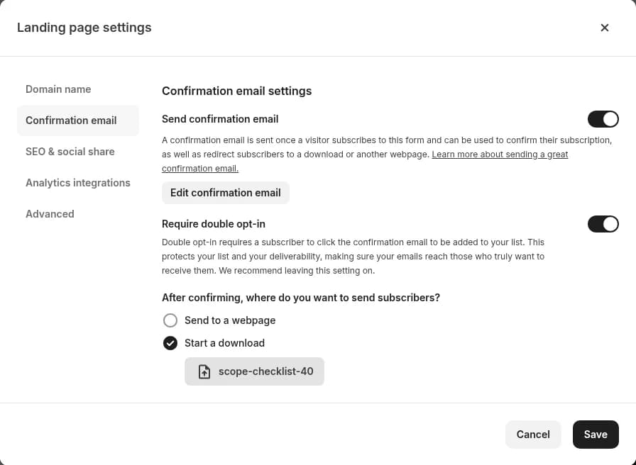 Kit Landing page settings, Confirmation email tab: Send confirmation email on, Require double opt-in on, and Start a download selected with scope-checklist-40 uploaded