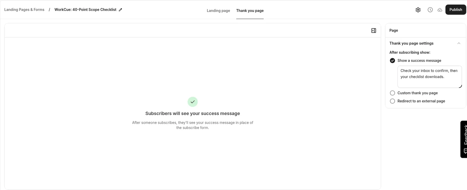 Kit editor on the Thank you page tab with Show a success message selected and the text Check your inbox to confirm, then your checklist downloads