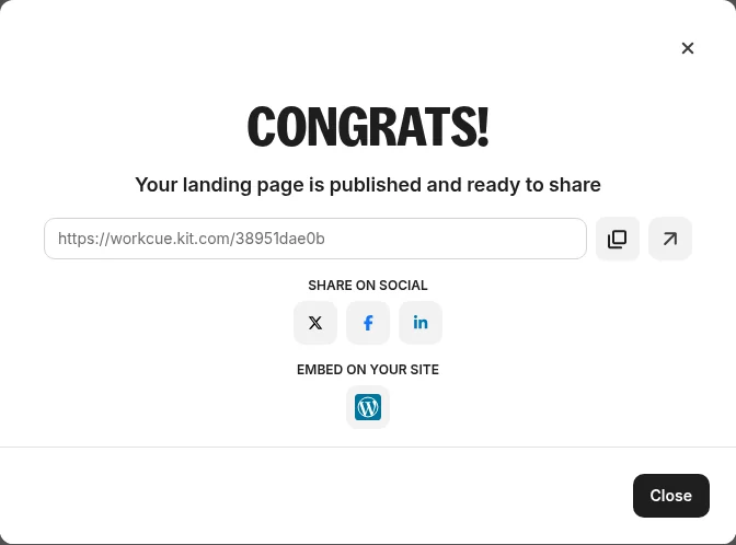 Kit CONGRATS dialog saying Your landing page is published and ready to share, with the URL https://workcue.kit.com/38951dae0b and share buttons