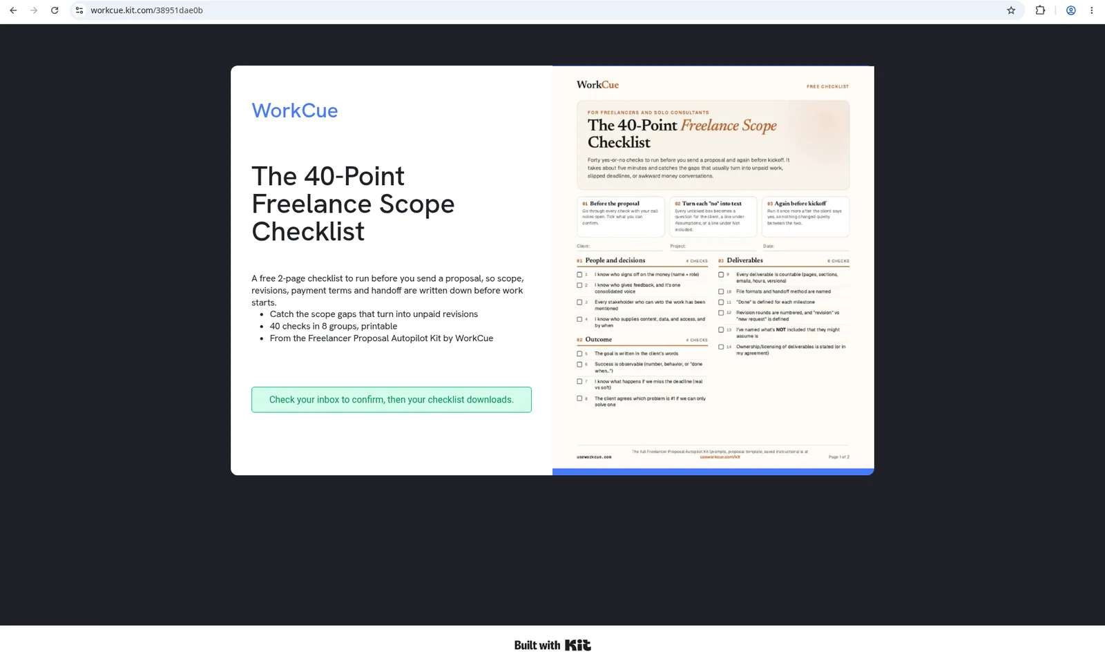 The live landing page after submitting, with the form replaced by a green message: Check your inbox to confirm, then your checklist downloads