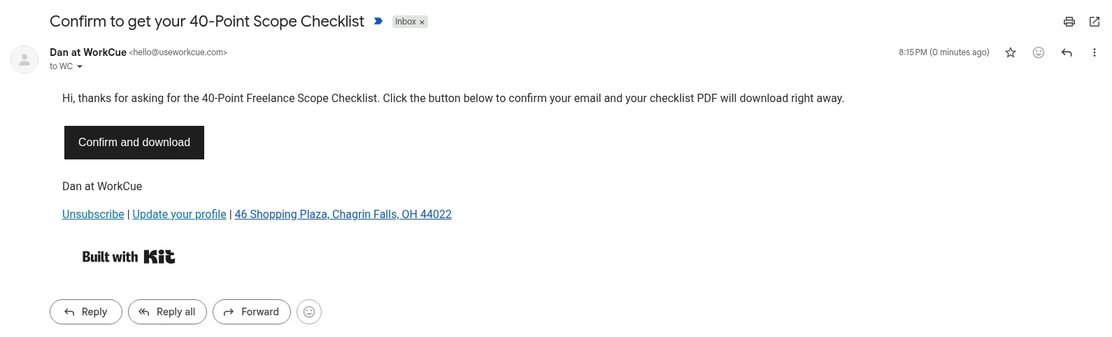 The confirmation email opened in Gmail from Dan at WorkCue at hello@useworkcue.com, with a Confirm and download button and the business address in the footer