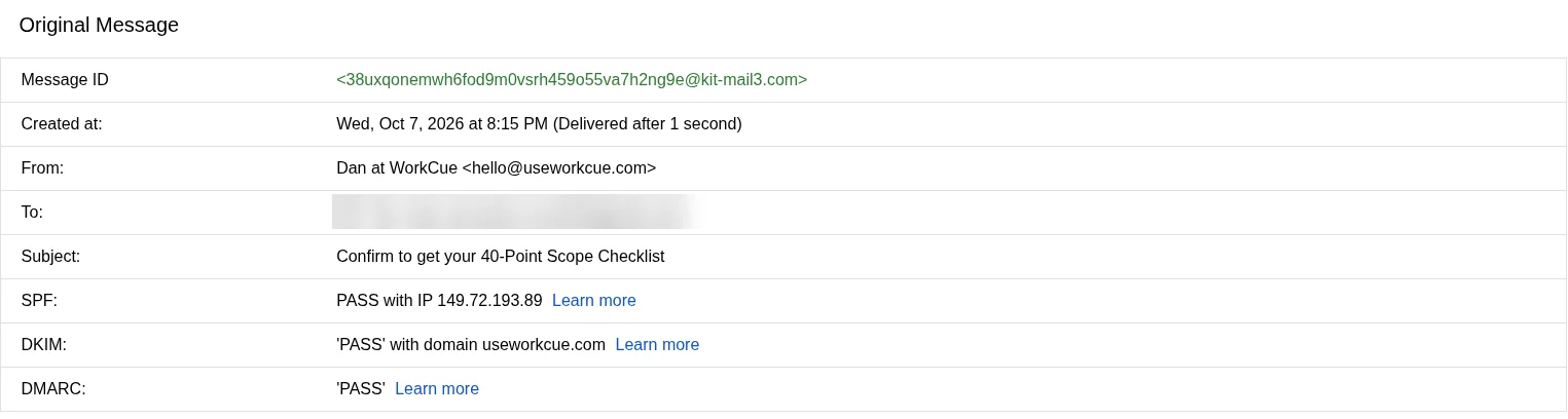 Gmail Show original summary: SPF PASS with IP 149.72.193.89, DKIM PASS with domain useworkcue.com, DMARC PASS