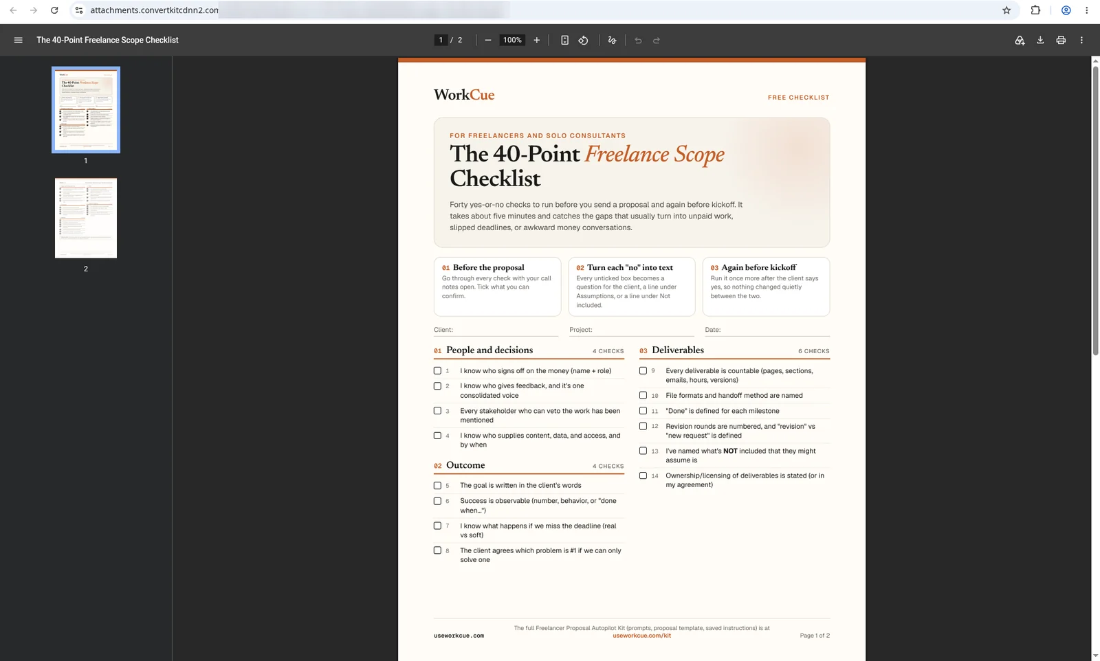 The 40-Point Freelance Scope Checklist PDF open in Chrome's PDF viewer, page 1 of 2, served from attachments.convertkitcdnn2.com