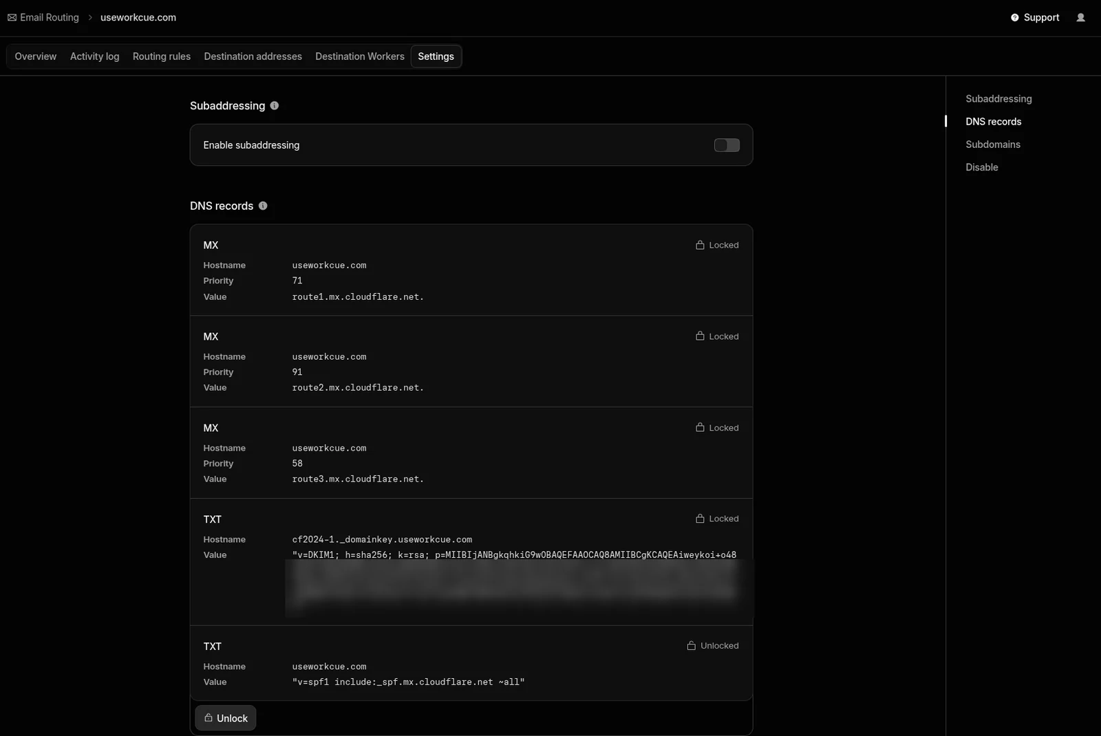 Cloudflare Email Routing settings listing the DNS records it added: three locked MX records, a locked DKIM TXT record and an unlocked SPF TXT record