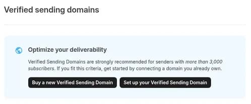 Kit Verified sending domains section with an Optimize your deliverability panel and two buttons: Buy a new Verified Sending Domain and Set up your Verified Sending Domain