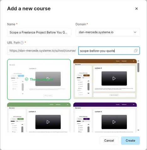Systeme.io Add a new course dialog with the course name, domain dan-mercede.systeme.io, URL path scope-before-you-quote and a grid of course themes