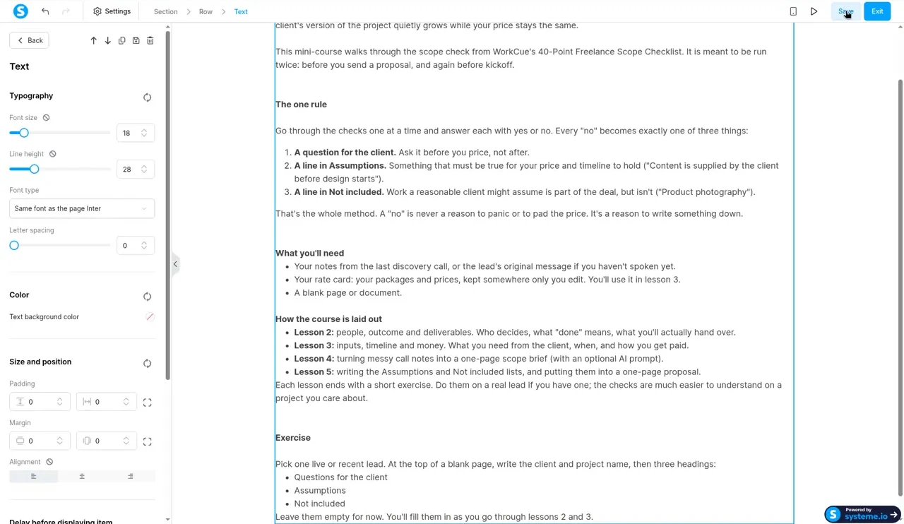 Systeme.io page editor with the text of lesson 1, including bold section labels, a numbered list and bullet lists
