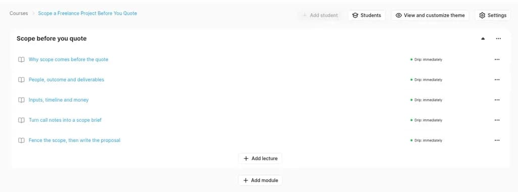Systeme.io course curriculum with the module Scope before you quote and five lectures, each marked Drip: immediately