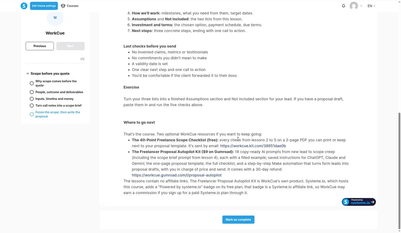 Systeme.io course preview of lecture 5 with links to the free checklist and the Freelancer Proposal Autopilot Kit, a Mark as complete button and an Edit theme settings button at the top
