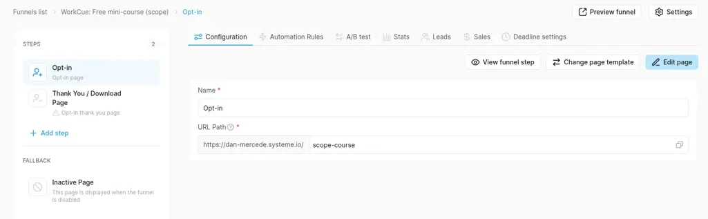 Systeme.io funnel with Opt-in and Thank You / Download Page steps, the Opt-in step name and its URL path scope-course