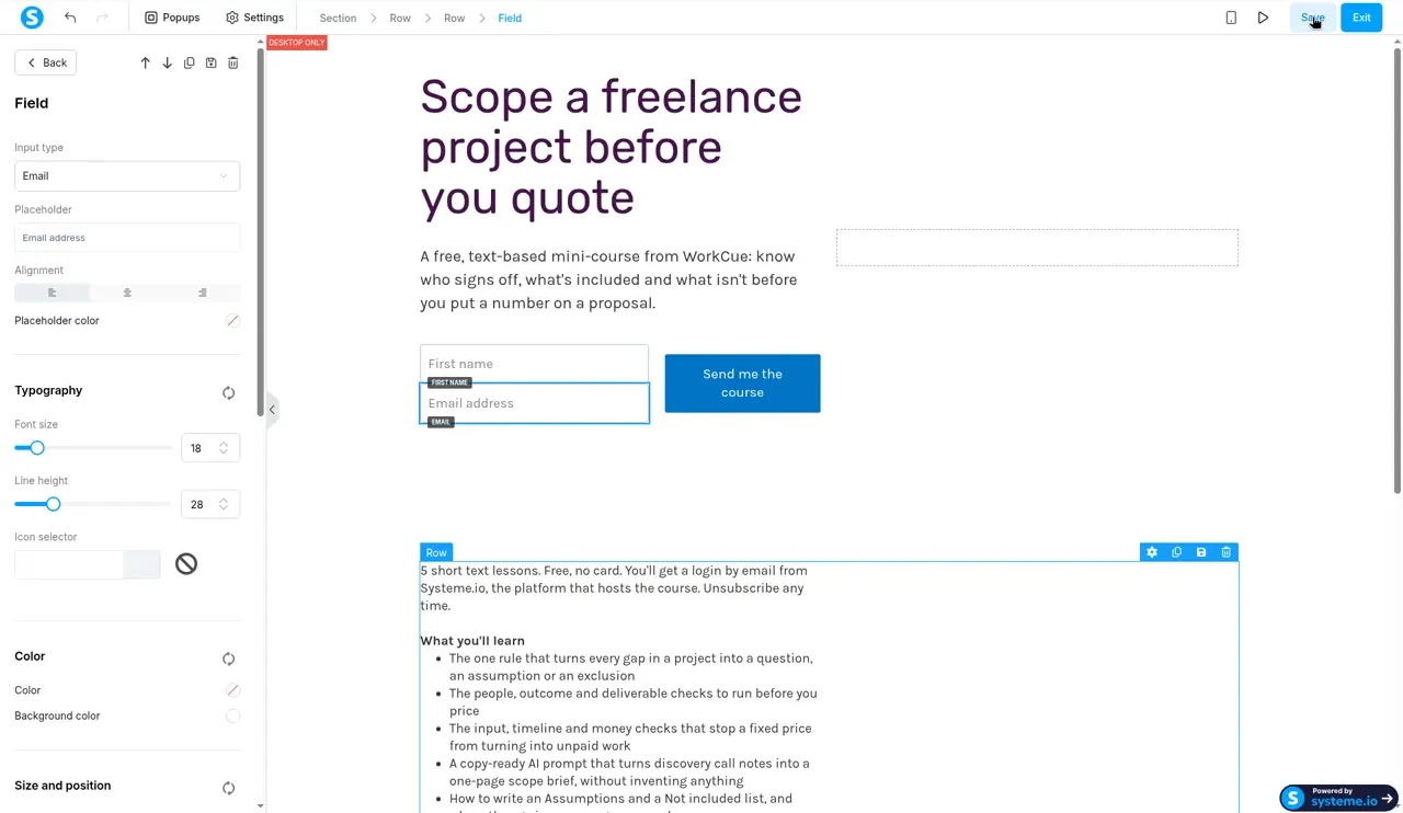 Systeme.io editor with the opt-in page headline, first name and email address fields, a Send me the course button and a red DESKTOP ONLY label on the hero section