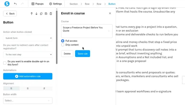 Systeme.io Enroll in course panel with the course Scope a Freelance Project Before You Quote and Full access selected