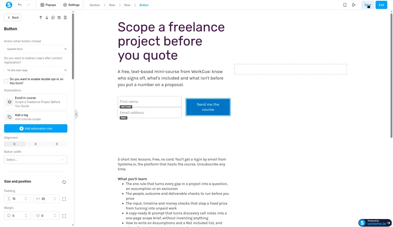 Systeme.io button settings listing two automations: Enroll in course Scope a Freelance Project Before You Quote and Add a tag mini-course-scope