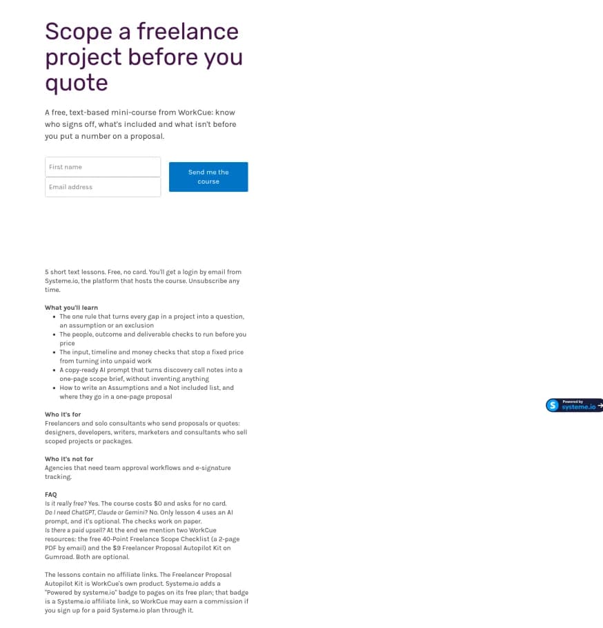 Live Systeme.io opt-in page headed Scope a freelance project before you quote, with first name and email fields, a Send me the course button and a list of what you'll learn