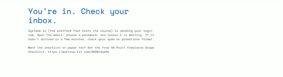 Live Systeme.io thank-you page saying You're in. Check your inbox. with instructions about the login email and the free checklist
