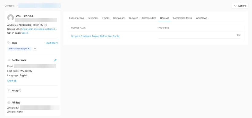 Systeme.io contact WC Test03 with the tag mini-course-scope, opt-in page Opt-in and the course Scope a Freelance Project Before You Quote at 0 percent