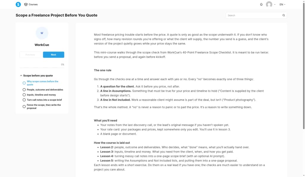 Systeme.io course player on lecture 1 Why scope comes before the quote, with the five-lecture outline, a Next button and 0 percent progress