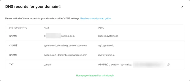 Systeme.io dialog DNS records for your domain listing three CNAME records pointing to inbound.systeme.io, key1.systeme.io and key2.systeme.io, and a DMARC TXT record