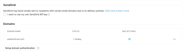 Systeme.io Emails settings with the domain useworkcue.com showing status Pending