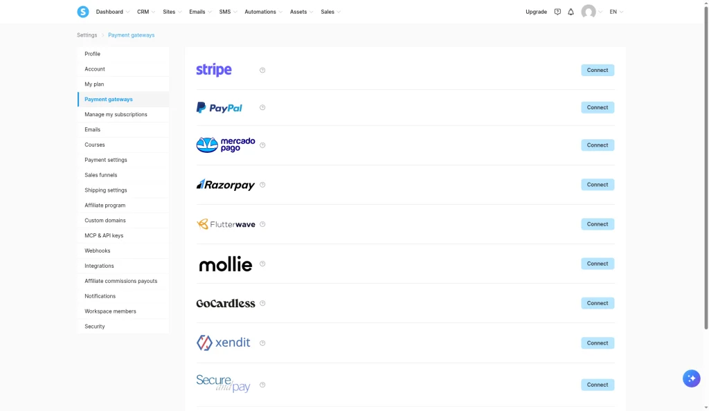 Systeme.io Payment gateways settings with Stripe, PayPal, Mercado Pago, Razorpay, Flutterwave, Mollie, GoCardless, Xendit and Secure and Pay, each with a Connect button