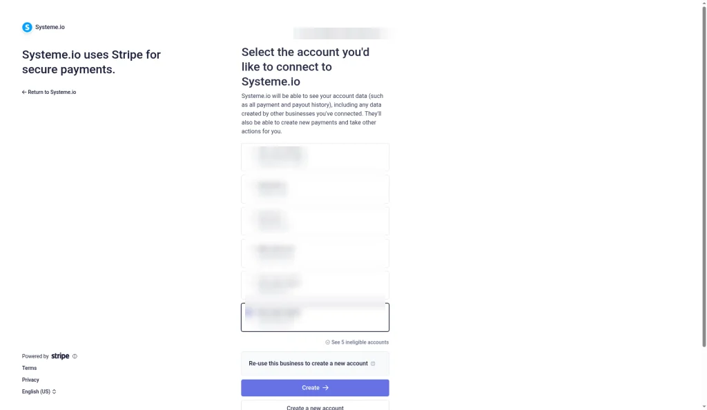 Stripe page titled Select the account you'd like to connect to Systeme.io with a list of accounts, a Create button and a Create a new account button