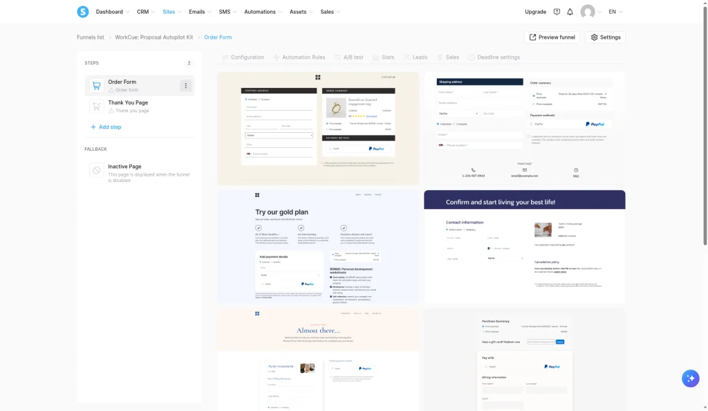 Systeme.io funnel WorkCue: Proposal Autopilot Kit with Order Form and Thank You Page steps, an Inactive Page fallback and a gallery of order form templates
