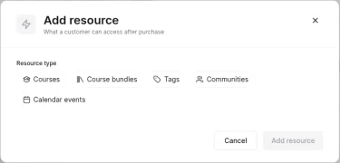 Systeme.io Add resource dialog with resource types Courses, Course bundles, Tags, Communities and Calendar events