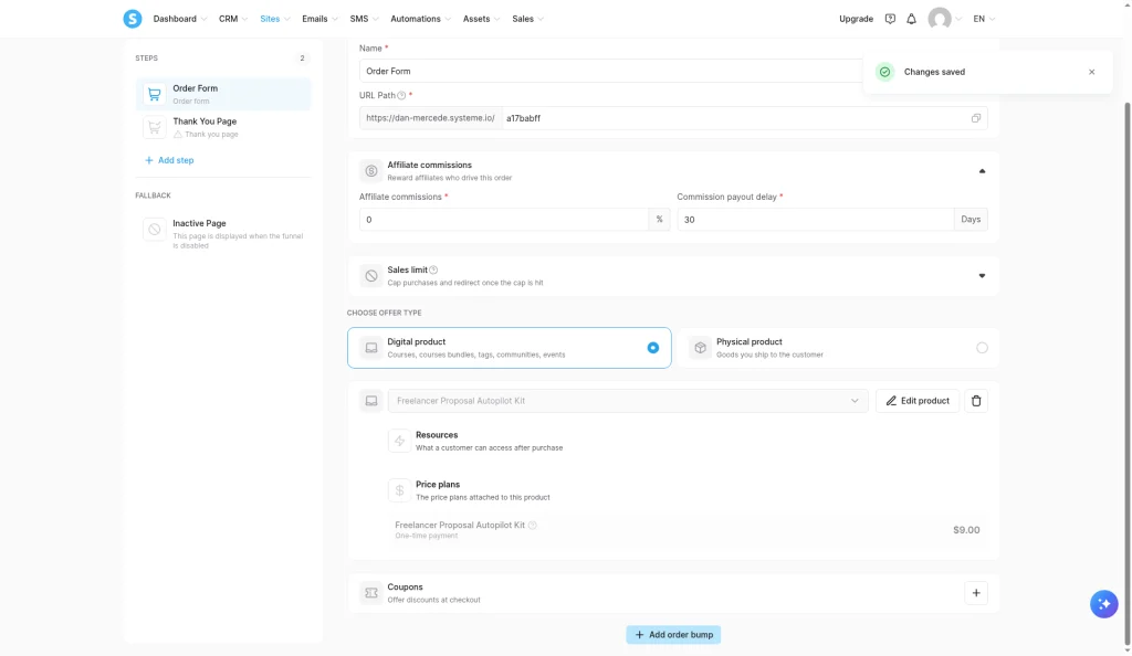 Systeme.io order form step configuration with Digital product selected, the Freelancer Proposal Autopilot Kit product, a 9.00 one-time price plan, coupons and an Add order bump button