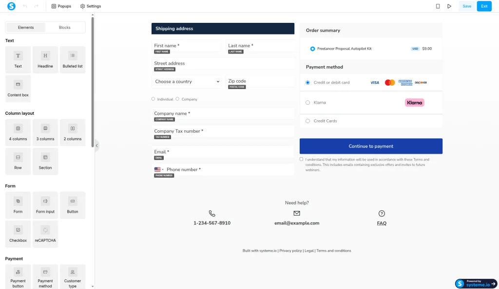 Systeme.io order form editor with shipping address, company name, company tax number, email and required phone number fields, an order summary for the kit at 9.00 USD and placeholder footer contact details