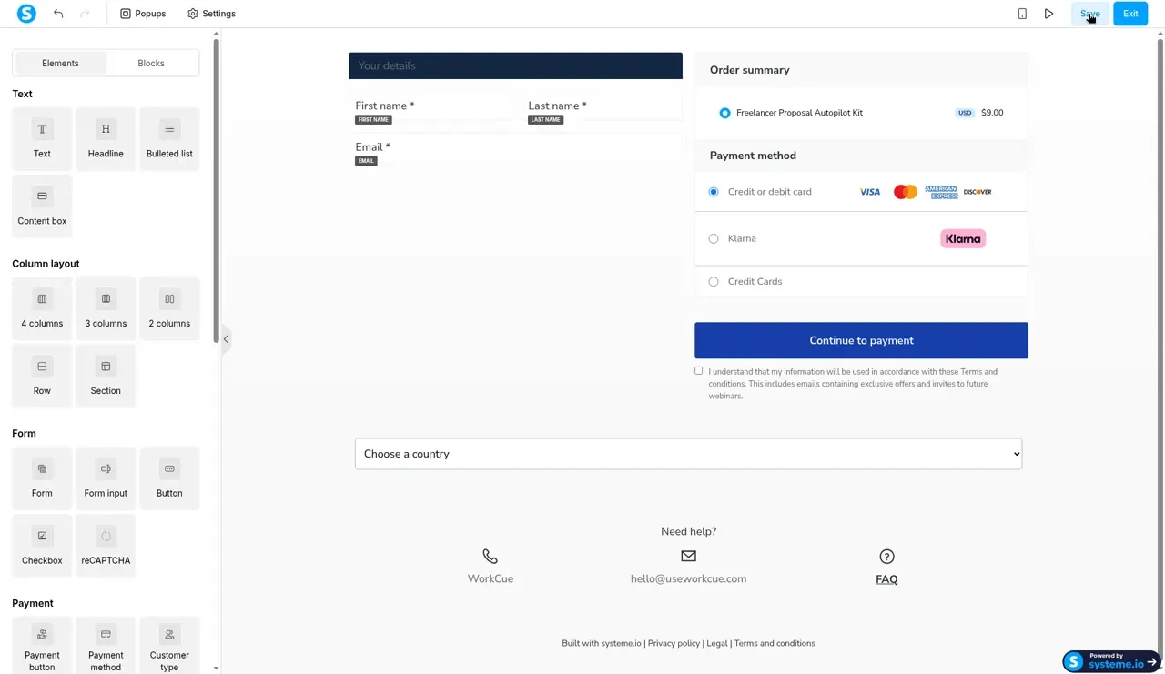 Systeme.io order form editor where a Choose a country field sits below the Continue to payment button instead of inside the Your details form