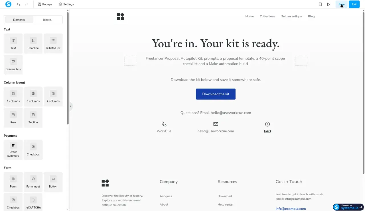 Systeme.io page editor with the thank-you page headline You're in. Your kit is ready. and a Download the kit button, with the template's antique shop menu and footer still visible