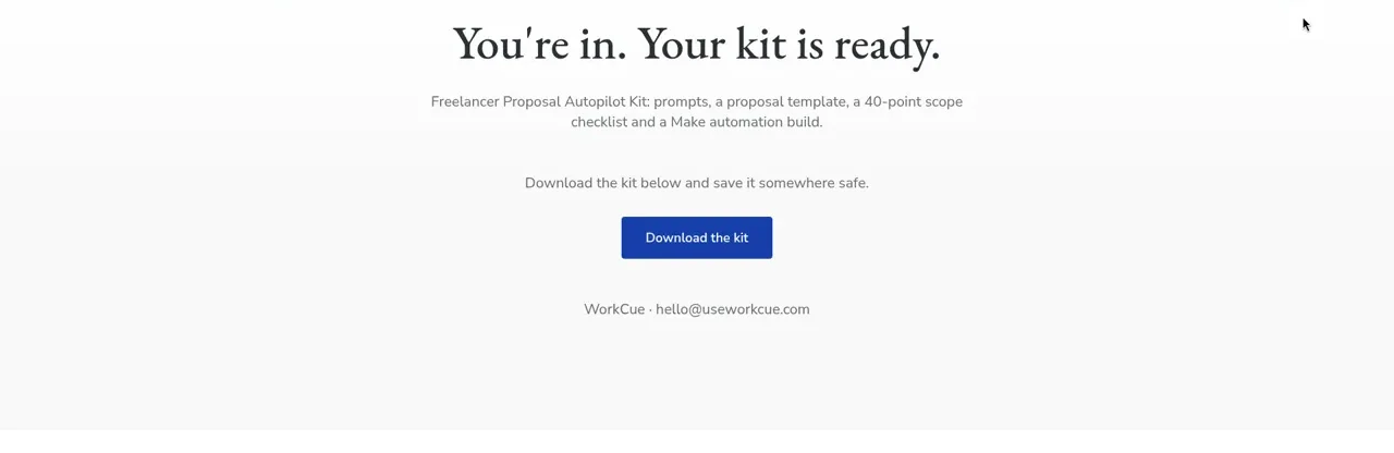 Live Systeme.io thank-you page with the headline You're in. Your kit is ready., a short description of the kit and a Download the kit button