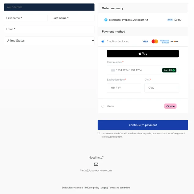 Systeme.io order form with first name, last name, email and country fields, an order summary for the Freelancer Proposal Autopilot Kit at 9.00 USD, card, Apple Pay and Klarna payment options, a Continue to payment button and the consent line about order emails and occasional WorkCue guides