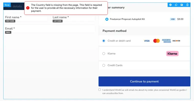 Systeme.io order form editor showing a red error: The Country field is missing from the page. This field is required for the user to provide all the necessary information for their payment.